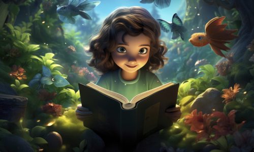 3d illustration, happy Children Girl, brown hair, green eyes, holding a book in the middle of a fantasy world, Design of a Children’s Book Illustration, colorful. ultra high quality, 8k, --ar 6:4 --style raw --v 5.2 Job ID: fa230379-96b7-47ed-bc99-1ba40a892d64